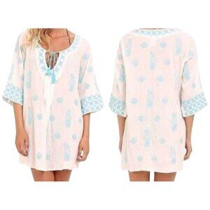 Trina Turk Dress Women S White Floral Crinkle Boho Swim Tassel Preppy Coastal